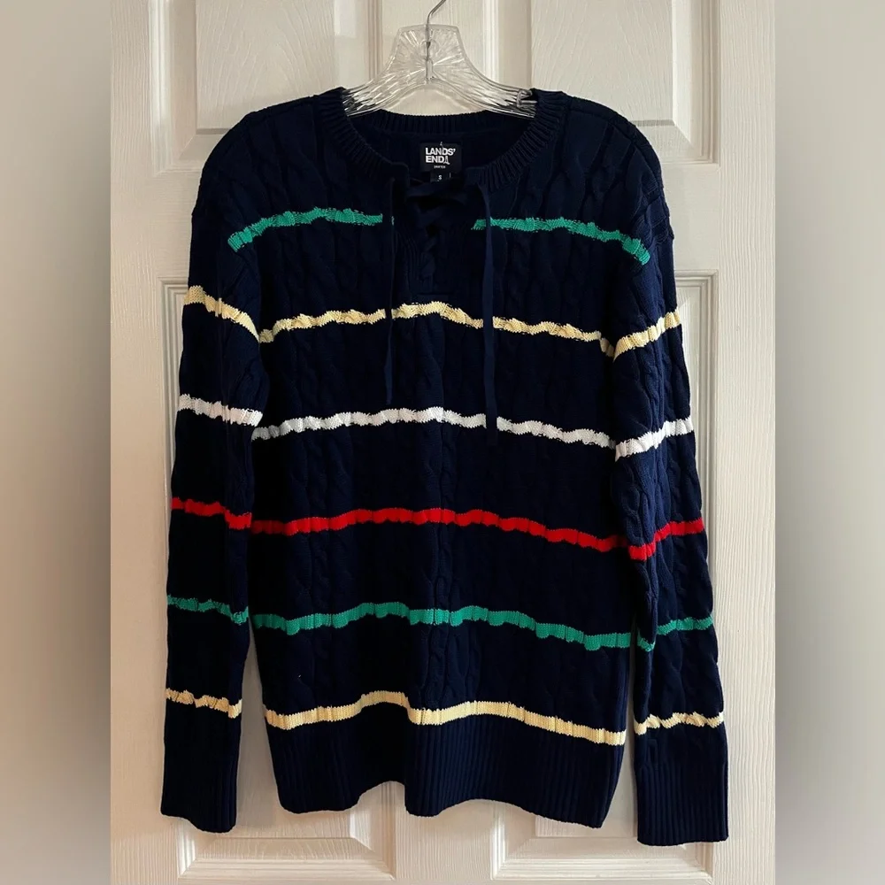 Lands' End/Women’s LS Navy, Green, White, Yellow Sweater, NWOT - Picture 2 of 5